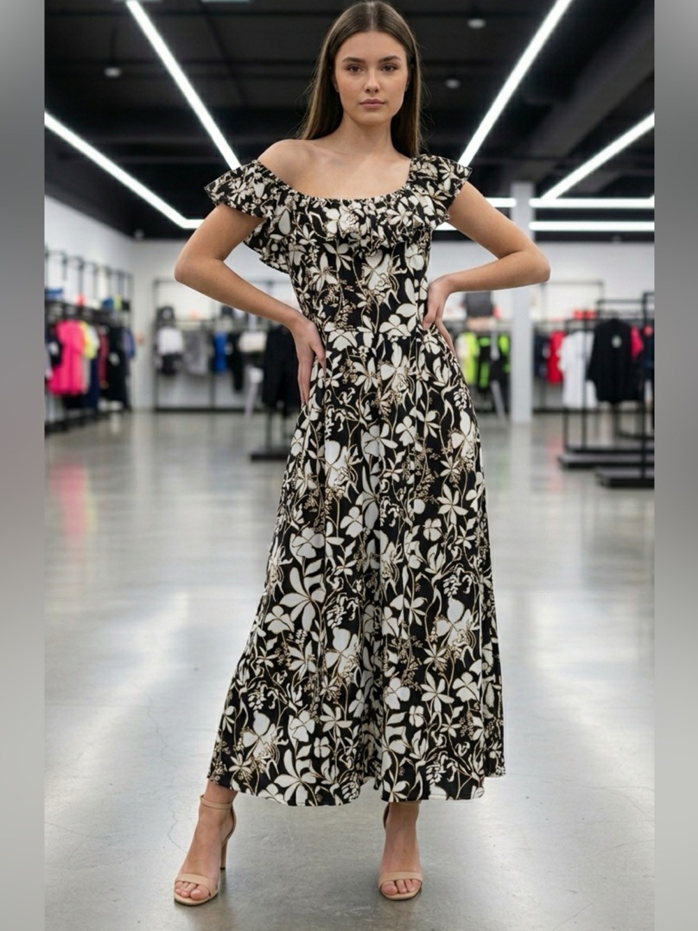 Ava & Viv Black with Gold Outline Floral Maxi Dress with 11” Slit on Bottom Side - Picture 5 of 6